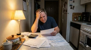 Hombre de mediana edad con gesto de agobio revisando facturas y un contrato de alquiler en una cocina, ilustrando la preocupación por los gastos de comunidad en viviendas VPO.