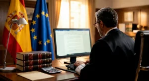 Juez en su despacho con banderas de España y la Unión Europea redactando una cuestión prejudicial al TJUE sobre ejecuciones hipotecarias y compensación de deudas abusivas.