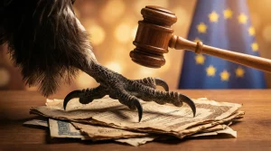 Metáfora visual de un mazo de juez a punto de golpear la garra de un buitre que sujeta papeles de deuda antigua y prescrita sobre una mesa de madera, con la bandera de la Unión Europea desenfocada al fondo. Representa la justicia frenando a los fondos de inversión.