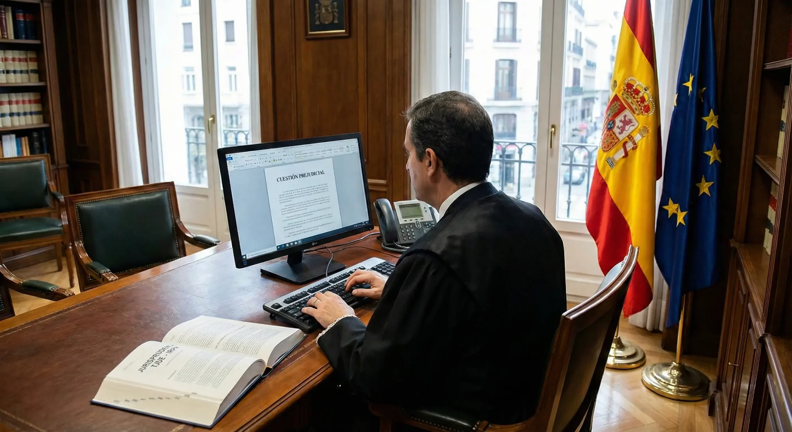 Juez español redactando una cuestión prejudicial sobre el IRPH para el TJUE en su despacho.
