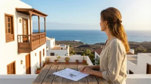 Mujer en una terraza con vistas al mar en Canarias, con un contrato legal de vivienda y unas llaves sobre una mesa de madera, simbolizando la recuperación del hogar.