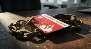 Tarjeta de crédito revolving de Banco Santander atrapada con grilletes oxidados, simbolizando la deuda perpetua y la falta de transparencia anulada por la Audiencia de Cantabria.