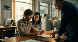 Fotografía de una pareja joven con expresión de ansiedad firmando un acuerdo de novación hipotecaria por cláusula suelo en una oficina bancaria en 2010, mientras un banquero mayor les señala dónde firmar. Ilustra la falta de transparencia previa a 2013.