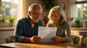 Una pareja mayor sonríe con alivio en su cocina al leer la sentencia del Tribunal Supremo que obliga a Bankinter a devolverles los gastos de su hipoteca antigua, superando la prescripción.