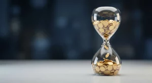 Reloj de arena con monedas de oro cayendo que simboliza el límite de 5 años para reclamar intereses de tarjetas revolving por usura según el Tribunal Supremo.