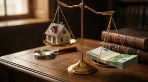 Balanza de la justicia pesando una casa y billetes de euro, ilustrando el requisito legal de pagar el alquiler para poder recurrir una sentencia de desahucio.