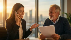 Abogada experta en derecho bancario sonríe al teléfono mientras comunica una sentencia favorable sobre la devolución de gastos hipotecarios de ING a un cliente mayor que sostiene los documentos satisfecho en una oficina al atardecer.