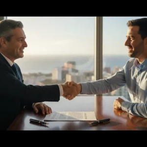 Abogado y cliente estrechando la mano tras ganar sentencia de alquiler de local en Canarias con contrato sobre la mesa y dos bolígrafos.