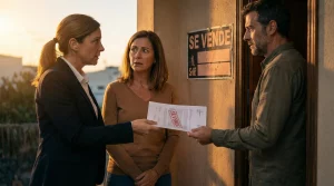 Abogada inmobiliaria entregando notificación fehaciente de venta de vivienda alquilada a un inquilino en Canarias, ilustrando el derecho de retracto.