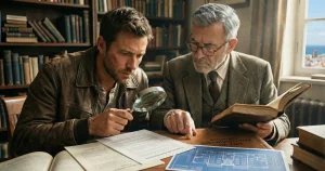 Dos abogados expertos en derecho inmobiliario en Canarias revisando minuciosamente con lupa un contrato de alquiler y el libro de la Ley de Arrendamientos Urbanos en su despacho.