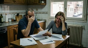 Matrimonio de afectados por la hipoteca leyendo con preocupación la sentencia sobre el IRPH de Caja Rural de Navarra en la cocina de su casa.