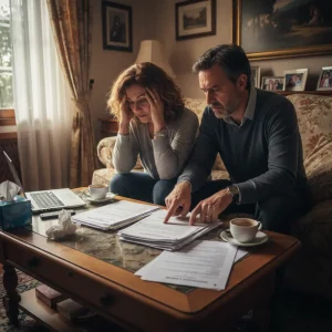 Pareja de afectados españoles revisando con frustración su hipoteca con IRPH de Kutxabank tras la sentencia de la Audiencia Provincial de Teruel.