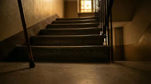 Escaleras antiguas oscuras con un bastón apoyado en el primer peldaño, representando las barreras arquitectónicas que impiden recuperar una vivienda de alquiler por necesidad.