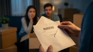 Primer plano de una mano sosteniendo un burofax de notificación de terminación de contrato de alquiler, con una pareja de inquilinos preocupados y cajas de mudanza al fondo, ilustrando el riesgo de desahucio en Canarias.