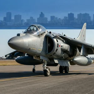 Avión de combate Harrier en una pista, ilustrando el famoso caso legal de Pepsi sobre publicidad vinculante y contratos.