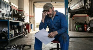 Mecánico de mediana edad preocupado en su taller, llevándose la mano a la cabeza mientras lee una notificación judicial de desahucio de local comercial por un problema en el contrato de alquiler.