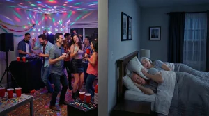 Imagen partida en dos: a la izquierda inquilinos celebrando una fiesta ruidosa con luces de discoteca; a la derecha vecinos mayores sufriendo insomnio y tapándose los oídos con la almohada, ilustrando una demanda de desahucio por actividades molestas.