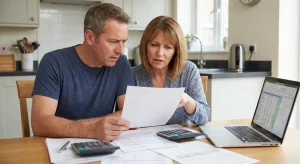 Una pareja de mediana edad con expresión de preocupación revisa documentos financieros y una calculadora en la cocina, ilustrando la incertidumbre de los consumidores para reclamar la comisión de apertura de la hipoteca tras la Sentencia del Tribunal Supremo de enero de 2026.