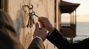 Primer plano de una mano con traje intentando coger unas llaves antiguas colgadas en una pared, representando la disputa legal entre heredero e inquilino por un local comercial en Canarias tras la Sentencia del Supremo 29/2026.