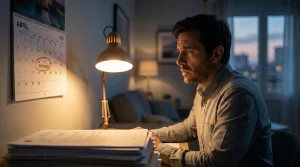 Hombre con expresión de preocupación mirando un calendario de pared con la fecha de fin de plazo del contrato de alquiler marcada en rojo, rodeado de documentos legales en un escritorio con poca luz.