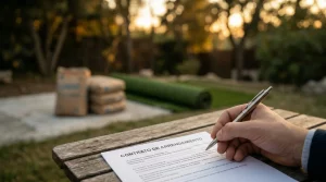 Mano firmando un contrato de arrendamiento en una mesa de madera con materiales de obra y césped artificial de fondo, representando el consentimiento tácito en alquileres.