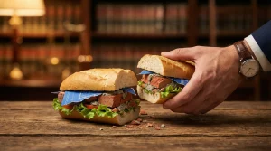 Mano de abogado sujetando un sándwich relleno de ladrillos y planos de obra en una biblioteca jurídica, representando el fraude inmobiliario y los vicios ocultos en Canarias.