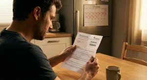 Hombre con gesto de preocupación sentado en una mesa leyendo un aviso de llegada de burofax de Correos, con un calendario tachado al fondo, ilustrando la notificación de fin de contrato de alquiler.