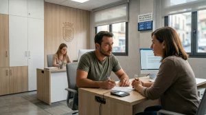 Interior de una oficina moderna de Atención Ciudadana del Ayuntamiento de Las Palmas de Gran Canaria con un ciudadano firmando documentos asistido por una funcionaria, frente al escudo municipal grabado en la pared.