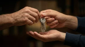 Primer plano de las manos de un propietario recibiendo las llaves de su vivienda de alquiler tras recuperarla por necesidad legal.