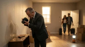 Un perito o notario fotografiando daños por humedad y mobiliario roto en un piso de alquiler como prueba legal para una reclamación, mientras los inquilinos con maletas abandonan la vivienda al fondo.