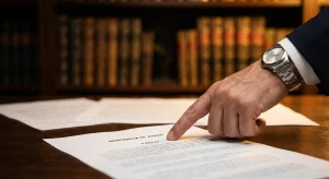 Primer plano de una mano señalando la palabra FALLO en una sentencia judicial sobre un contrato de alquiler.