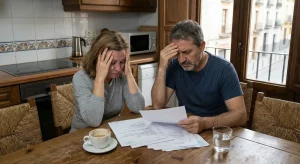 Pareja preocupada leyendo la escritura de su hipoteca y la sentencia del Tribunal Supremo sobre la comisión de apertura en una cocina.