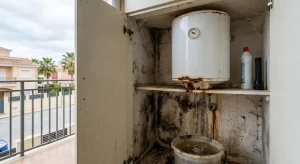 Termo eléctrico oxidado goteando agua en un cubo en un balcón de Canarias. Ejemplo de avería para explicar el Artículo 21 LAU sobre quién paga las reparaciones en un alquiler.