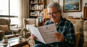 Un hombre mayor llamado Tomás sonríe feliz en su cómoda sala de estar mientras lee una sentencia favorable del Tribunal Supremo español que declara la nulidad de su comisión de apertura hipotecaria.