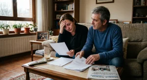 Pareja de afectados leyendo con gran frustración y tristeza los folios de una sentencia judicial sobre el IRPH que da la razón a Caixabank.