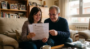 Pareja de afectados leyendo con alivio en el salón de su casa la sentencia ganada de la Audiencia Provincial que anula el IRPH de su hipoteca con Unión de Créditos Inmobiliarios.