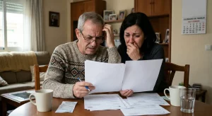 Una pareja de españoles de mediana edad llorando y desesperados al leer los documentos de su hipoteca afectada por el IRPH y abusos bancarios.