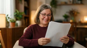 Señora sonriendo al leer la sentencia favorable contra ING que le devuelve el dinero de los gastos de su hipoteca.