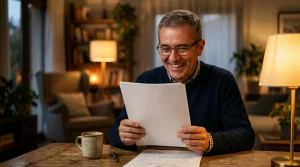 Un cliente sonriente y feliz en su salón, leyendo una sentencia judicial favorable que le permite recuperar los gastos de su hipoteca gracias a su abogado.