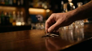 Primer plano de una mano colocando llaves metálicas gastadas sobre la barra de madera pulida de un bar en Canarias, simbolizando la finalización del contrato de alquiler de local comercial y la entrega de posesión.