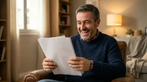 Hombre de mediana edad sonriendo feliz en el salón de su casa mientras lee una sentencia judicial favorable que condena a ING a devolver los gastos de formalización de su hipoteca.