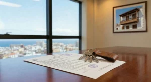 Documento de Nota Simple del Registro de la Propiedad en Canarias apoyado sobre una mesa de madera junto a unas llaves de vivienda, con vistas al mar y la ciudad de Las Palmas de Gran Canaria de fondo.