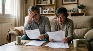 Pareja de afectados por el IRPH leyendo con preocupación y tristeza la sentencia de su préstamo hipotecario en el salón de casa.