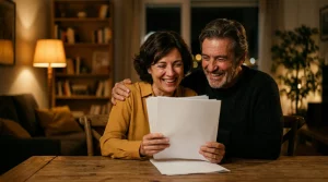 Pareja de mediana edad sonriendo felizmente en su casa mientras leen una sentencia judicial favorable que les permite recuperar los gastos de su hipoteca reclamados al banco ING.