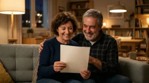 Una pareja de mediana edad sonríe con alegría y alivio sentados en el sofá de su salón por la noche, leyendo juntos un documento que representa una sentencia judicial favorable contra un banco.