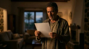 Un hombre de mediana edad de Canarias, con expresión angustiada y preocupada, sostiene un folio en blanco mientras mira hacia la luz dramática. Representa a un propietario ante una notificación judicial inesperada sobre un alquiler en las Islas Canarias.