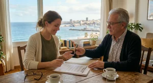 Inquilina y propietario mayor acordando la prórroga extraordinaria del contrato de alquiler en Las Palmas de Gran Canaria, reflejando la aplicación del nuevo decreto de vivienda y el tope del 2%.