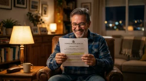 Hombre sonriente leyendo una sentencia favorable de la Audiencia Provincial de Málaga sobre la devolución de gastos hipotecarios.