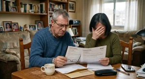 Pareja de afectados, Íñigo y Maite, mostrando frustración y tristeza al leer en su salón la sentencia 21/2026 de la Audiencia Provincial de Salamanca que valida el IRPH del Banco Santander.