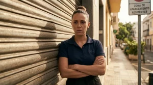 Trabajadora de hostelería preocupada frente a la persiana cerrada de un local comercial tras el fin del contrato de alquiler del negocio.